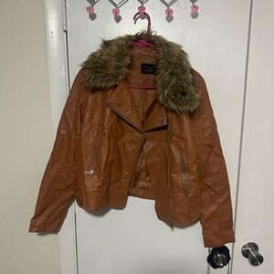 Love Tree Tan Leather Jacket with Faux Fur Collar